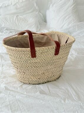 Woven Straw Tote with Brown Leather Handles